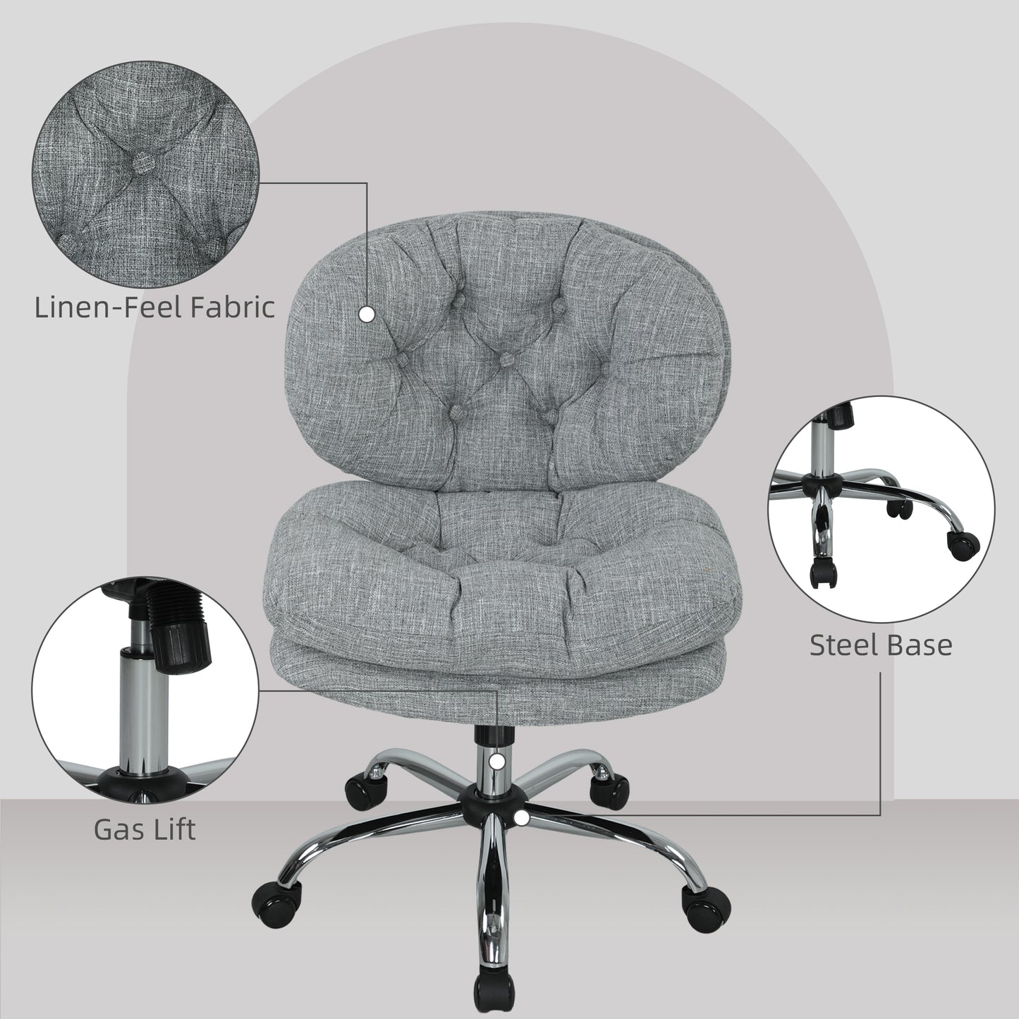 Computer Desk Chair, Armless Office Chair with Wide Padded Seat and Adjustable Height, Tilt Function, Grey