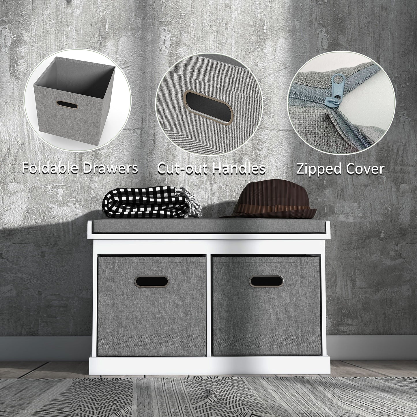 Shoe Storage Bench with Seat, Entryway Bench Seat with Cushion, 2 Fabric Drawers for Hallway, White