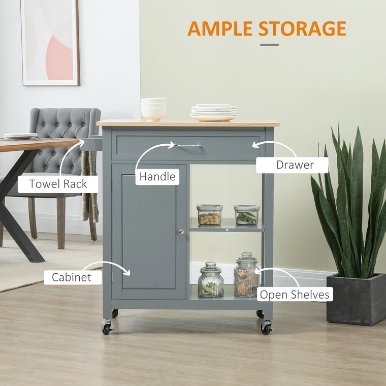 Rolling Kitchen Cart with Wood Top and Drawer - Grey