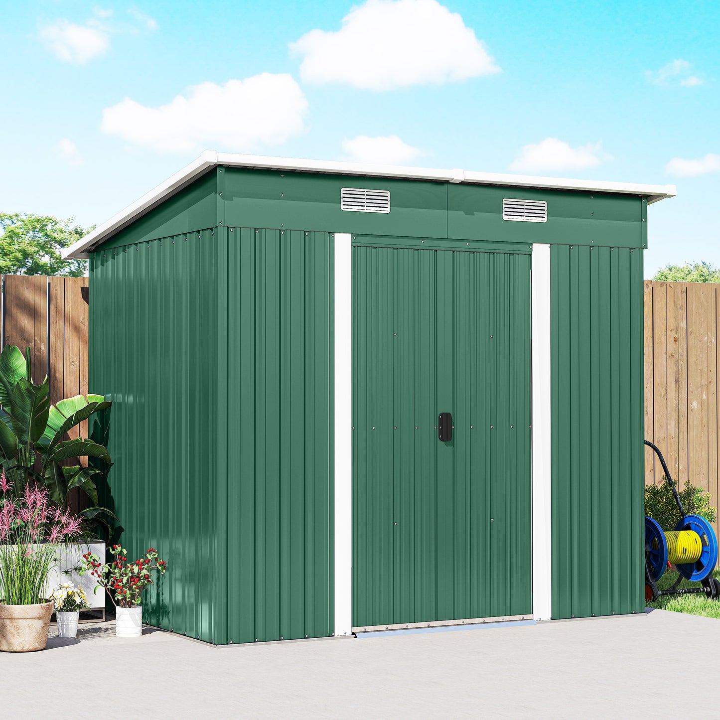 7' x 4' Metal Storage Shed, Lockable Tool Unit - Green