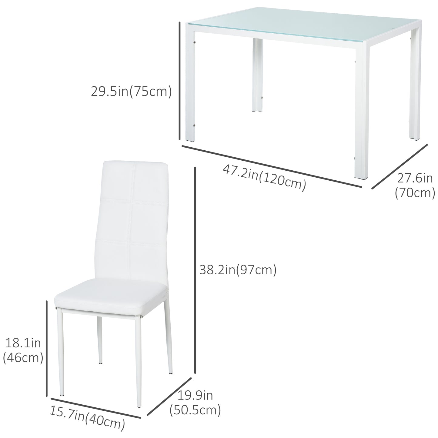 5-Piece Rectangular Glass Kitchen Table and Chairs with Metal Frame and Faux Leather Upholstery for Dining Room, White