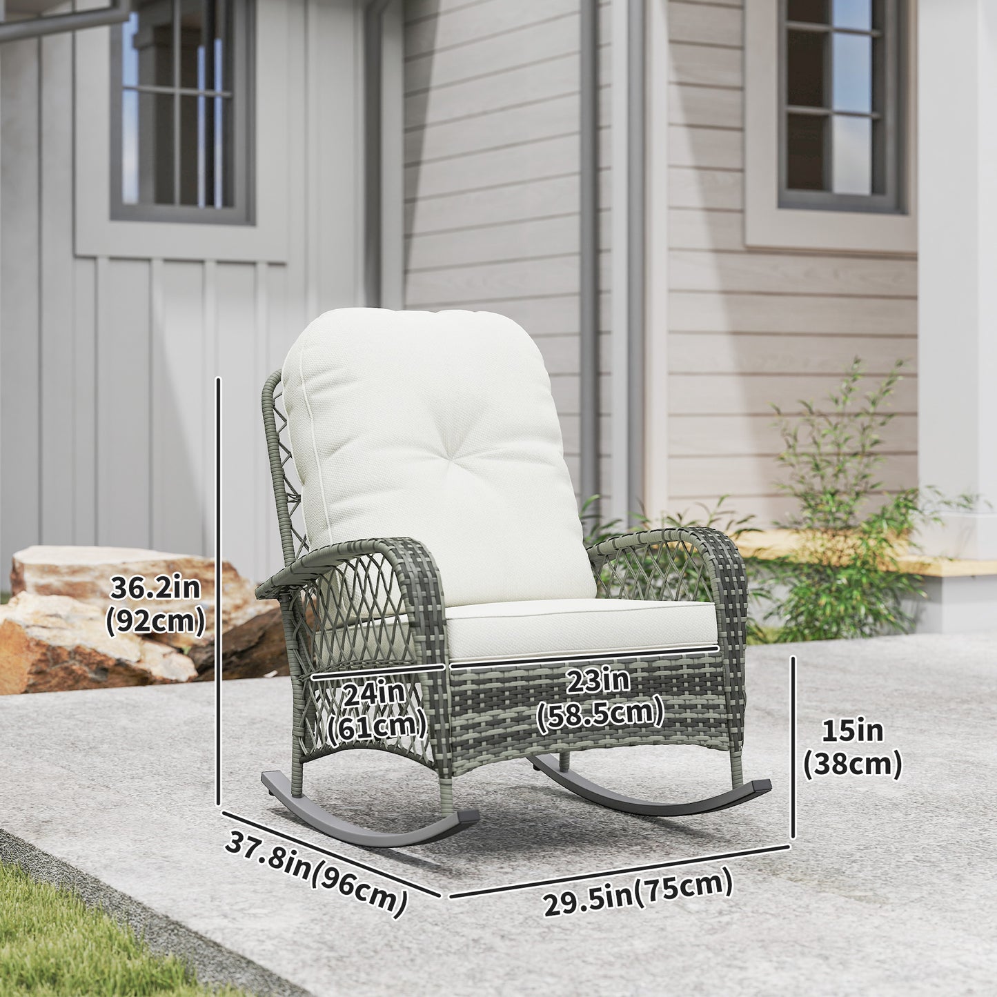 Rattan Rocking Chair, Outdoor Wicker Patio Rocker Chair Furniture with Thick Cushions, for Garden Backyard Porch, Khaki