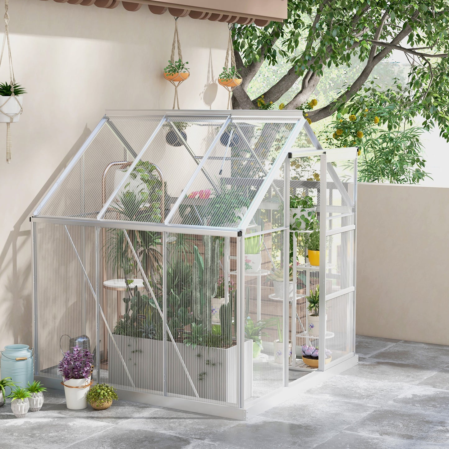 Walk-In Greenhouse, Polycarbonate Greenhouse with Sliding Door, Window, Aluminium Frame, Foundation, Silver