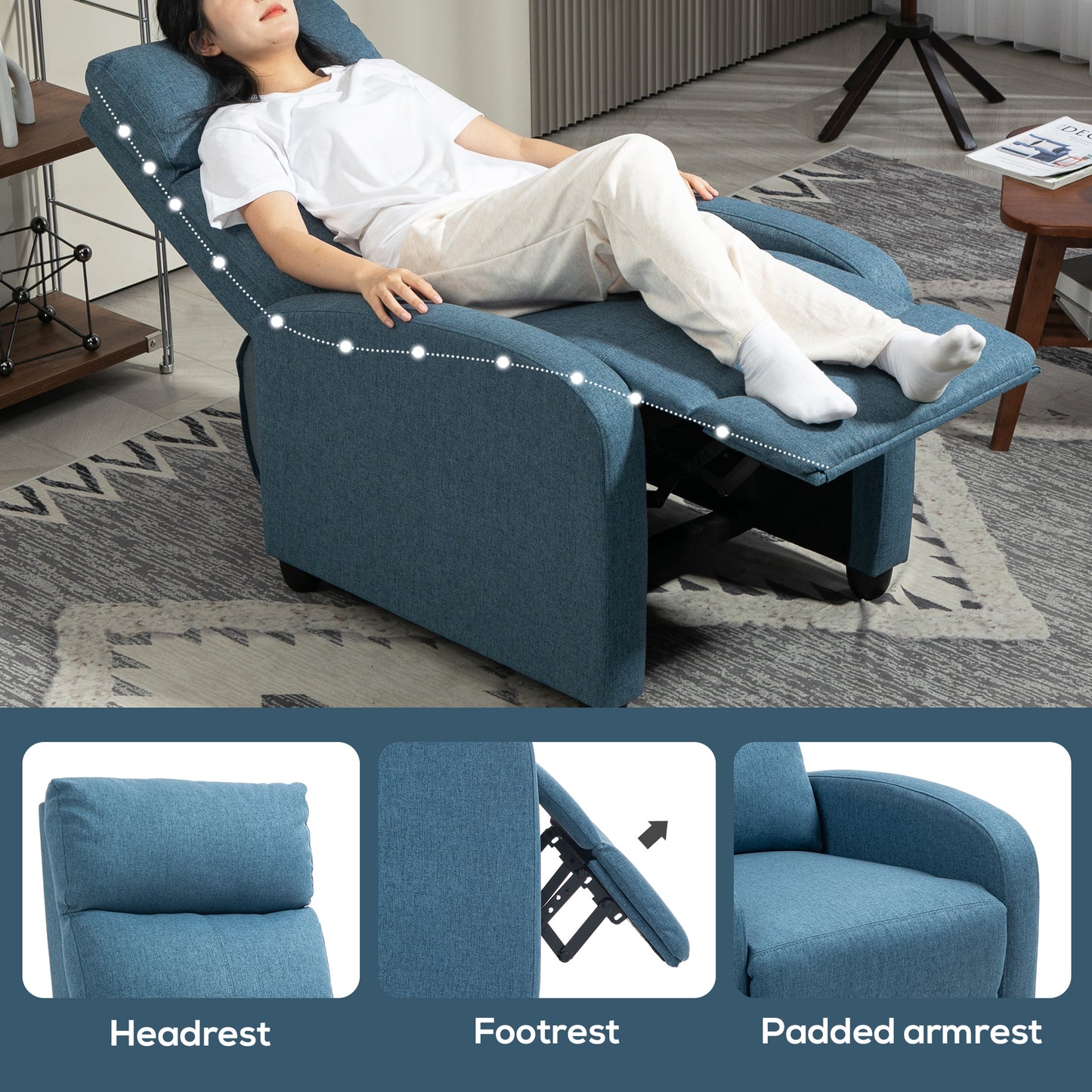 Fabric Recliner Chair Manual Home Theater Seating Single Reclining Sofa Chair with Padded Seat for Living Room, Blue