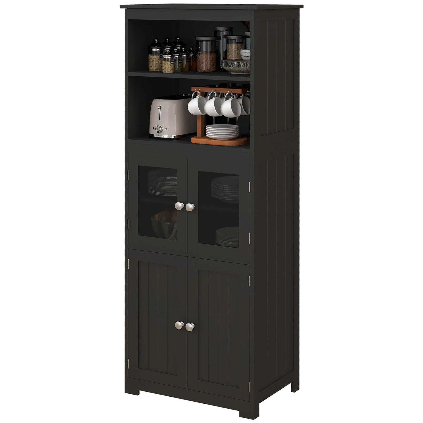 63" Small Buffet with Hutch, 4-Door Kitchen Pantry Storage Cabinet with Adjustable Shelf for Dining Room, Black