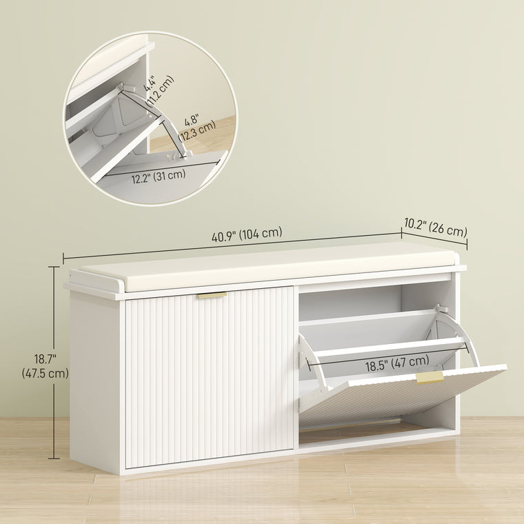 Entryway Shoe Storage Bench with Flip-Drawers - White