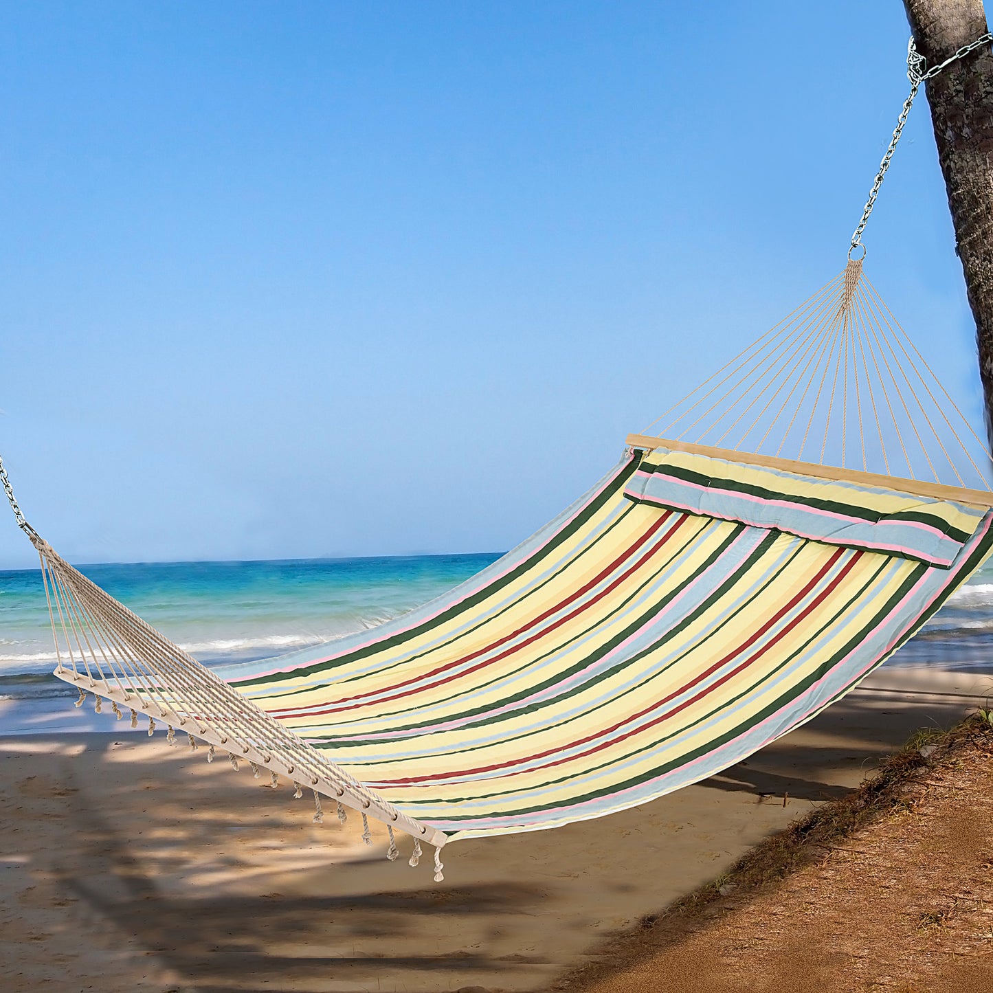 83" Patio Double Hammock, Wide Outdoor Hammock Bed Striped Fits 2 People Sunbed Camping hang Sleep w/ Pillow, Red Stripe