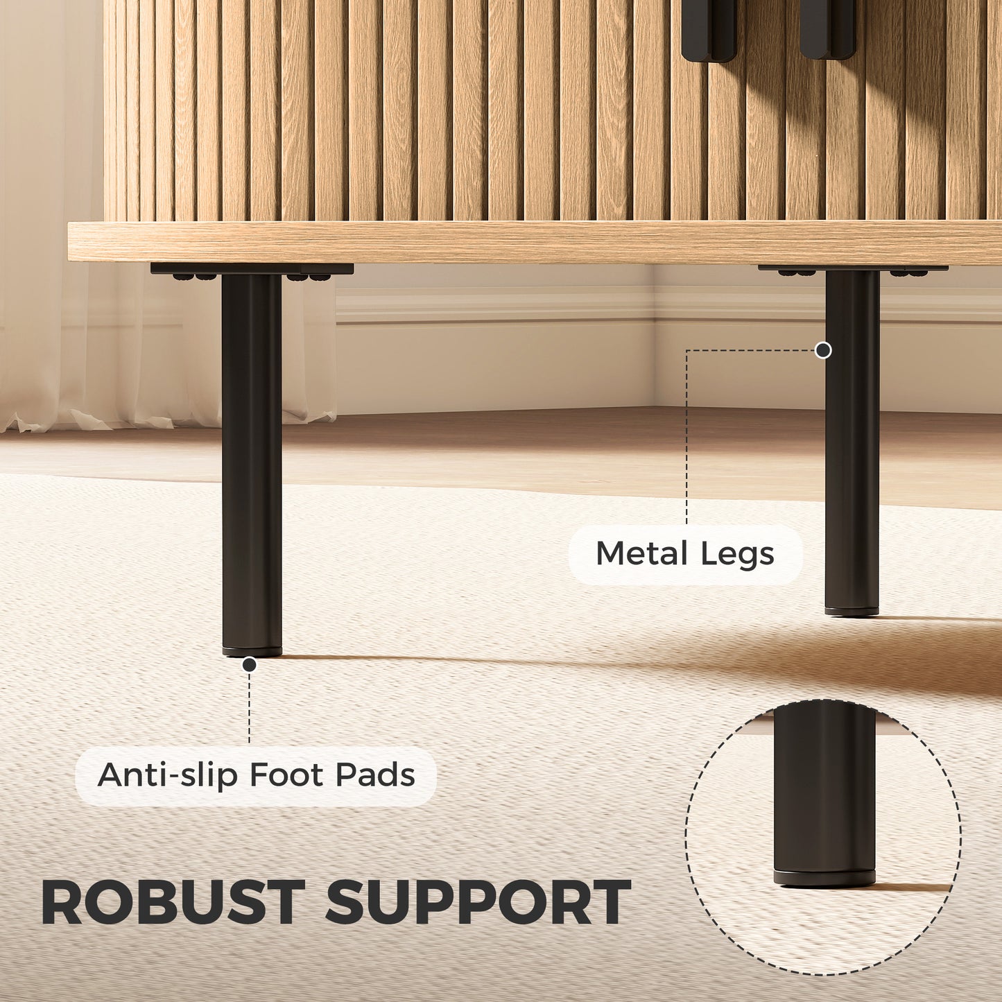 Coffee Table with Sliding Tambour Doors and Storage Center Table with Metal Legs, 39", Natural