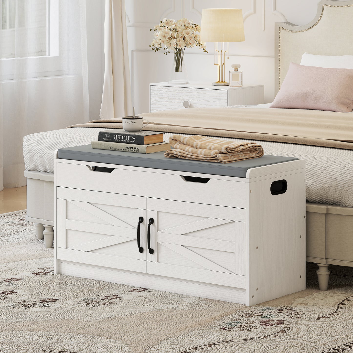 Shoe Storage Bench, Entryway Bench with 2-Tier Cabinet, Flip-Top Storage, Padded Cushion for Hallway, White