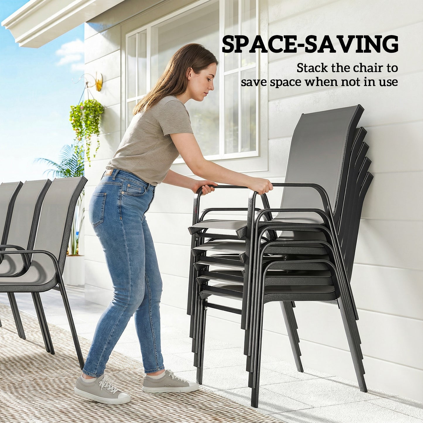 Outdoor Dining Sets for 8 with Stackable Chairs, Patio Dining Set with Glass Top Table for Garden, Patio, Backyard, Dark Grey