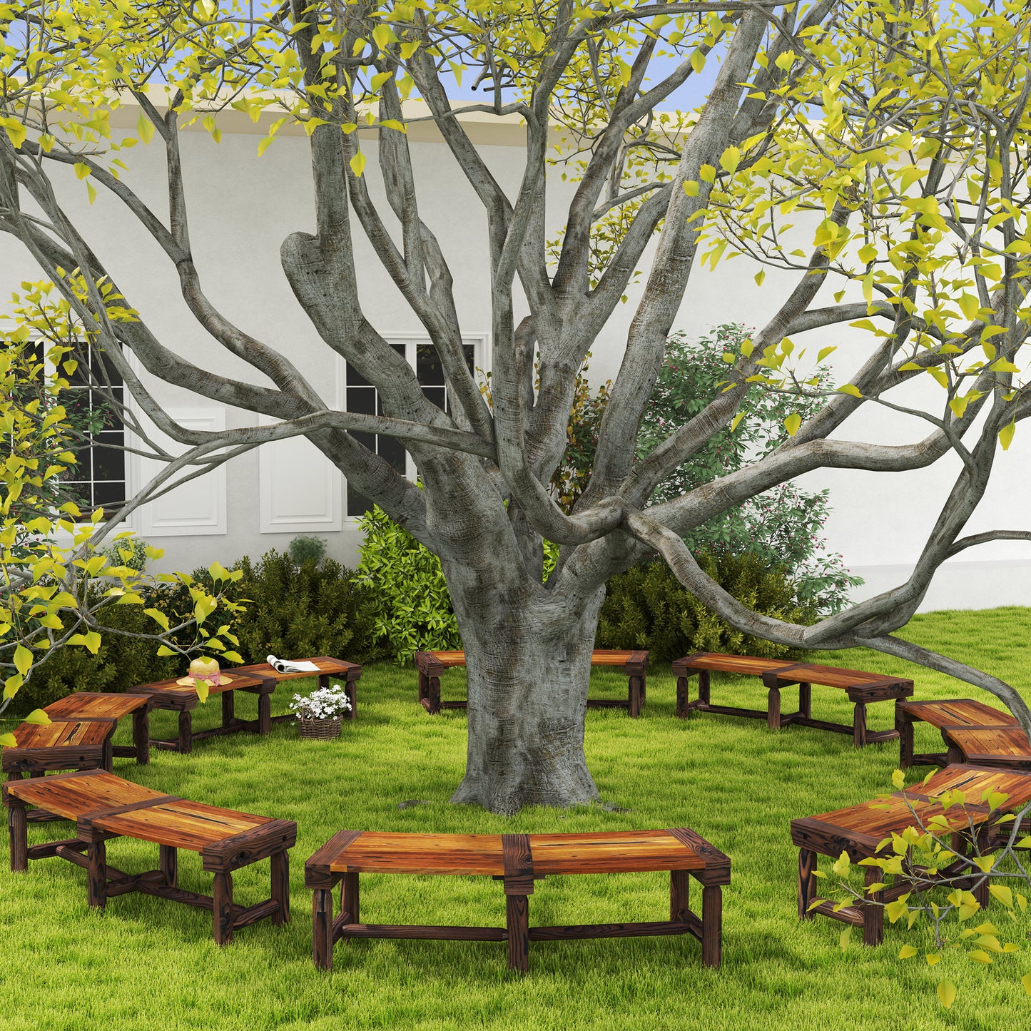 Wooden Outdoor Bench, Wrap Around Tree Bench with Slatted Seat for Yard, Garden, Deck, Lawn, Brown