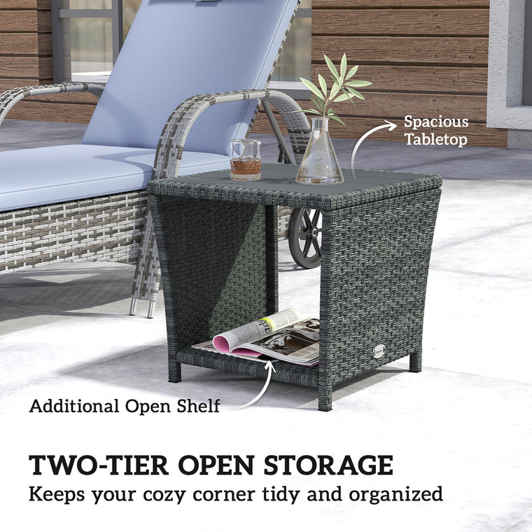 17.7" Wicker Side Table with Storage Shelf and Slat Top