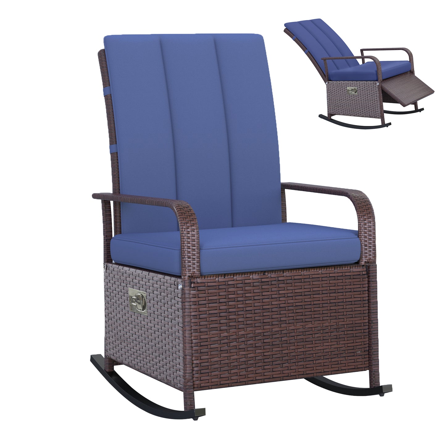 Outdoor Wicker Rocking Chair with Cushion, Patio PE Rattan Recliner Chair with Adjustable Footrest, Armrests, Red