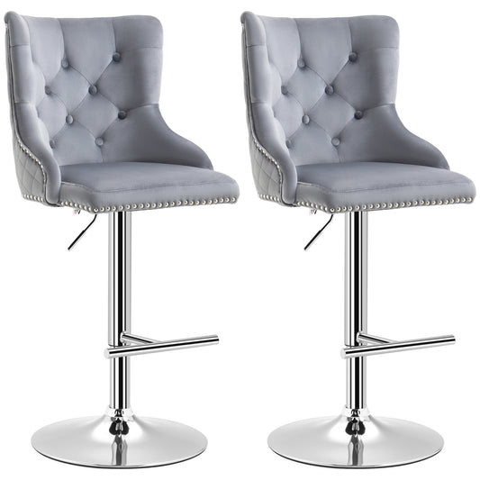 Swivel Velvet Bar Stools Set of 2 with Nailhead Trim - Grey
