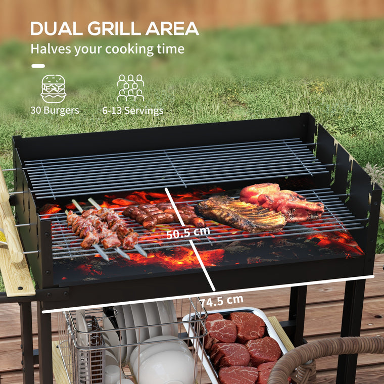 Black Charcoal Grill Trolley with Side Table & Storage Shelf