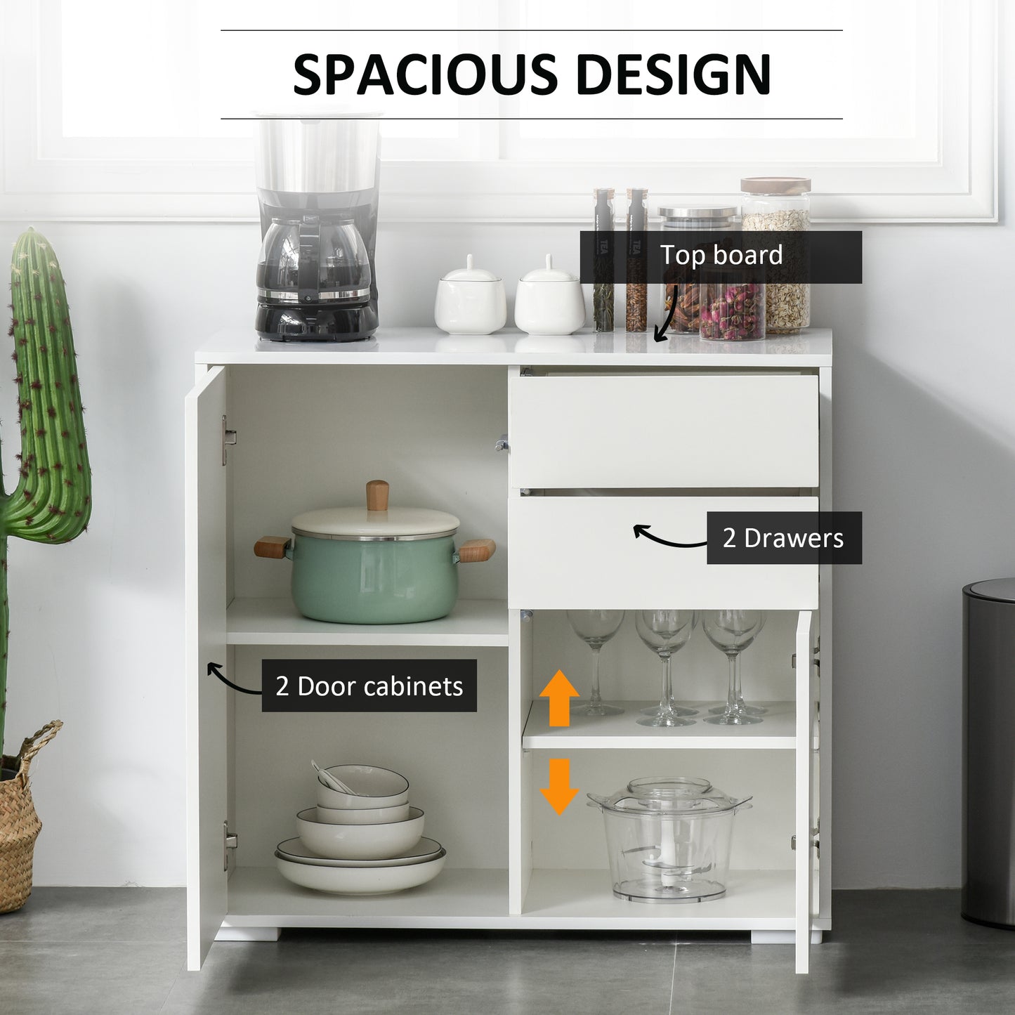 High Gloss Buffet Sideboard with 2 Drawers, 2 Doors and Adjustable Shelf, Kitchen Storage Cabinet with Push Open Design, White