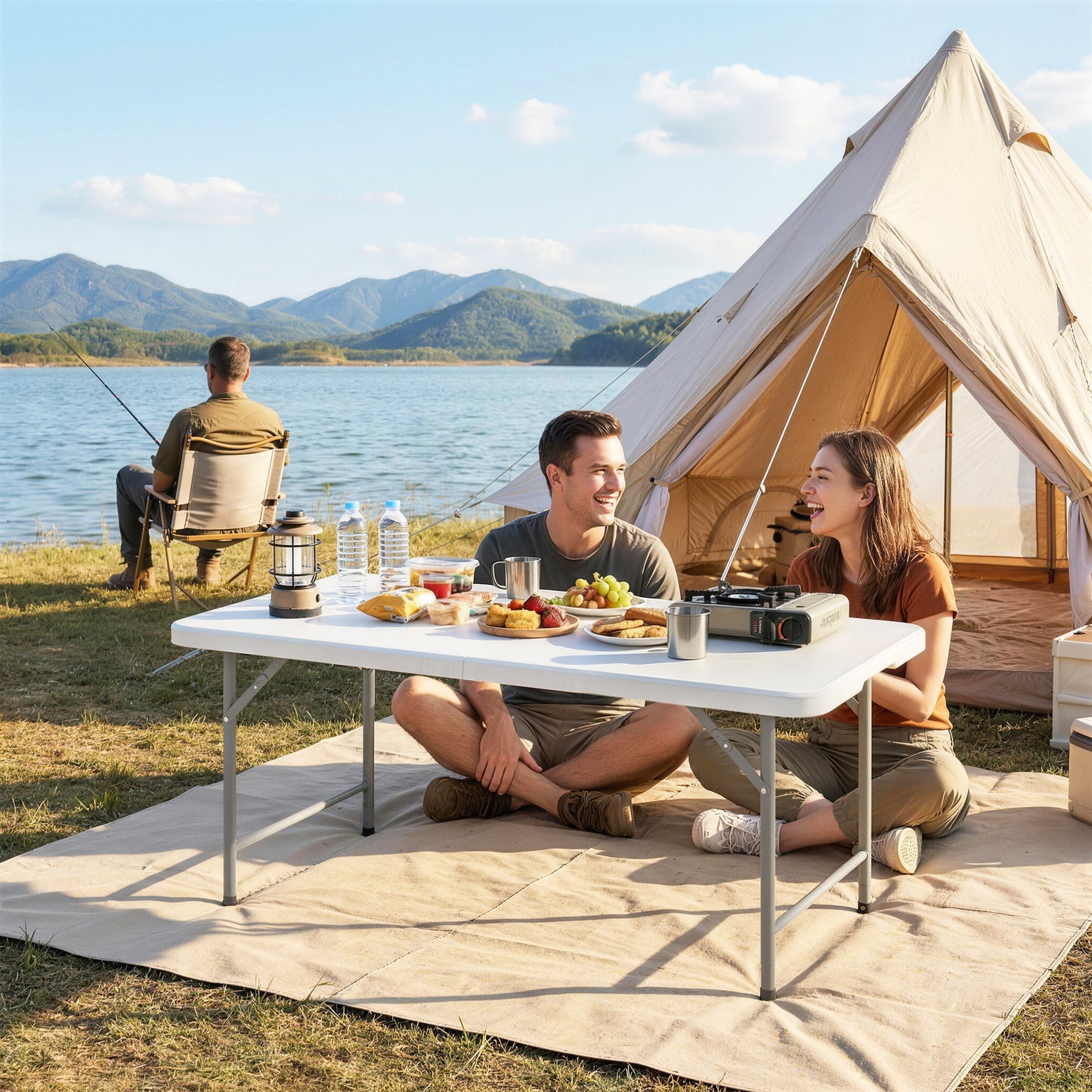 47" x 24" Folding Camping Table, Picnic Table with 2 Adjustable Heights and Carrying Handle, Indoor Outdoor Use, White