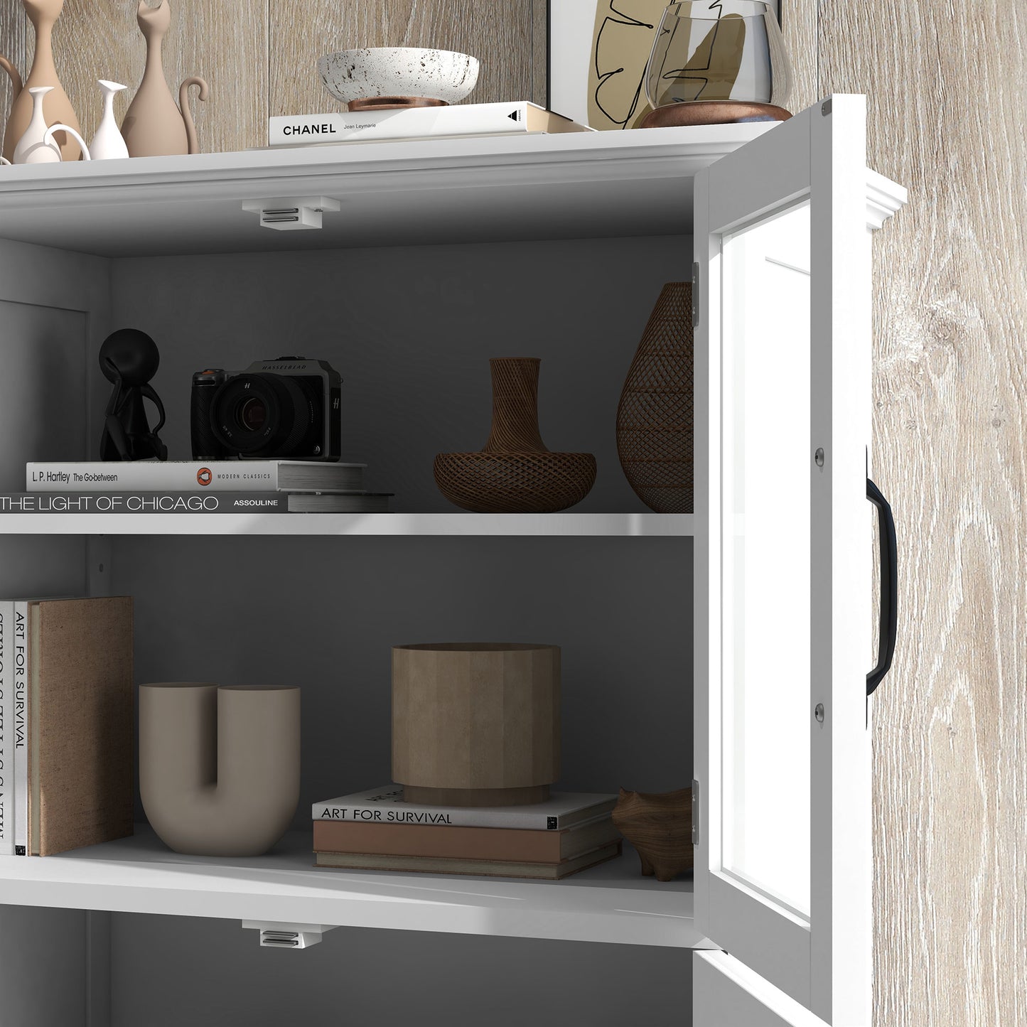 Modern Sideboard Cabinet, Freestanding Sideboards and Buffets with Glass Doors, 4-tier Shelving and Adjustable Shelves
