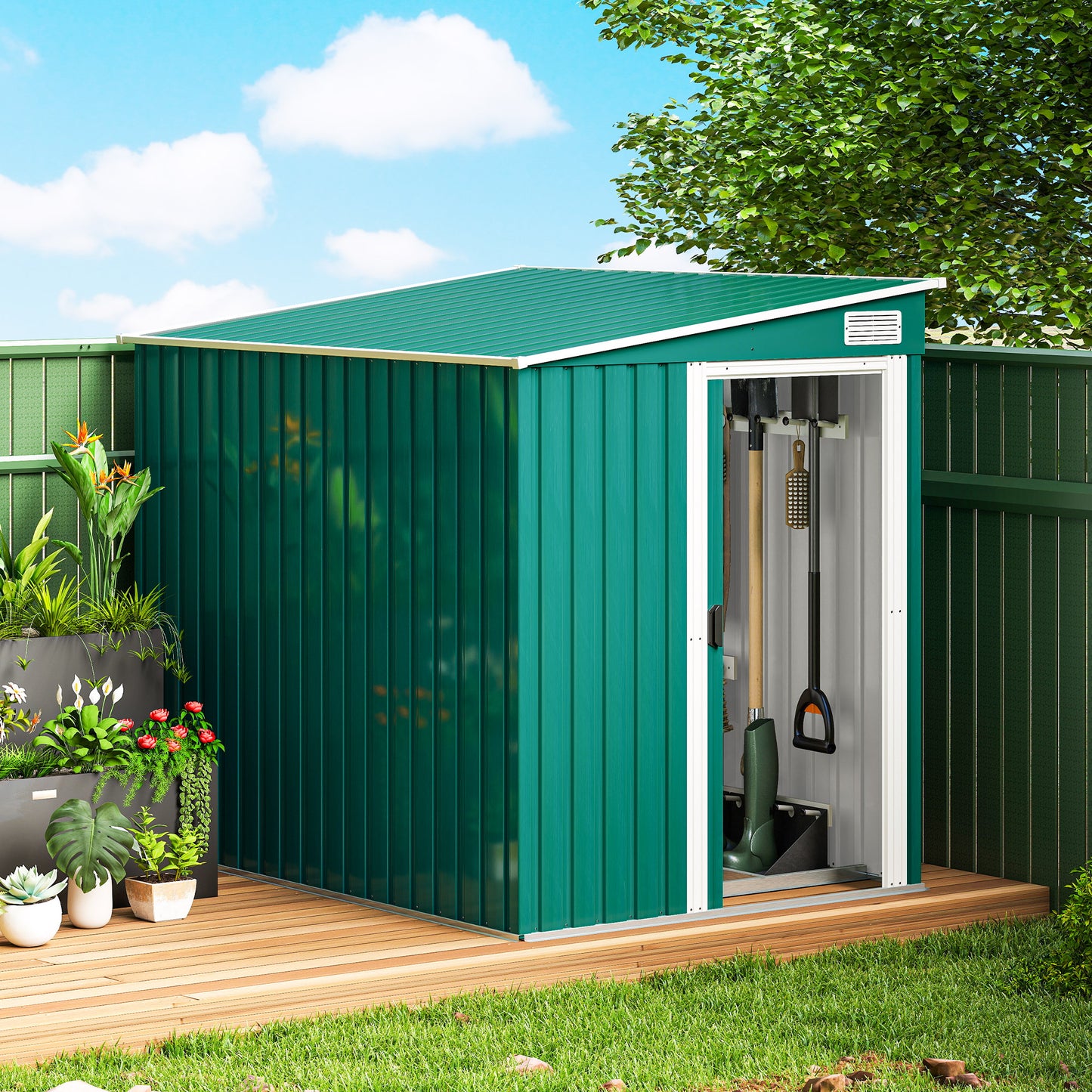 5' x 7' Galvanized Lean-To Shed with Sliding Doors and Foundation