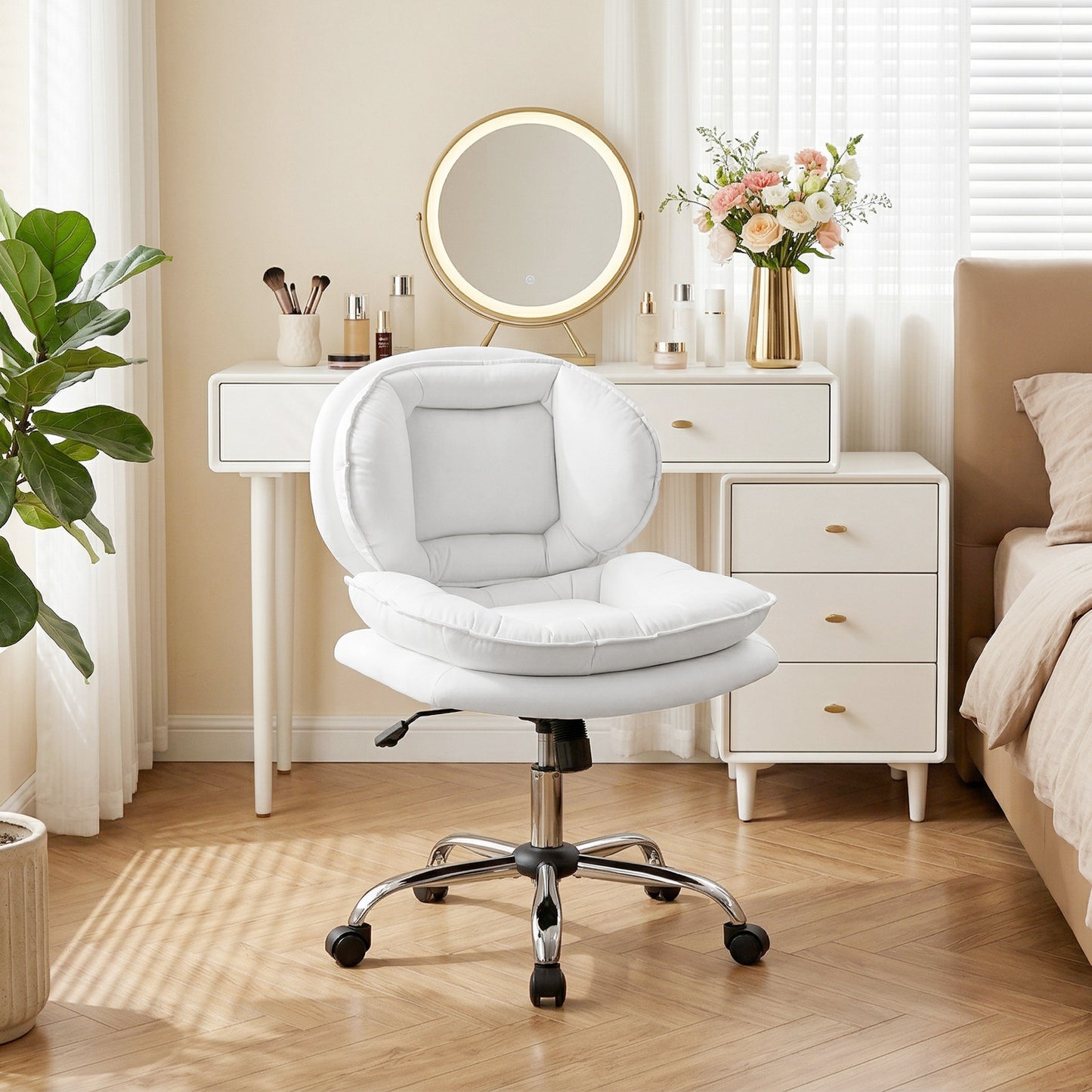 Criss Cross Chair, Swivel Wide Office Chair with Leathaire Upholstery, Tilting, No Arm, White
