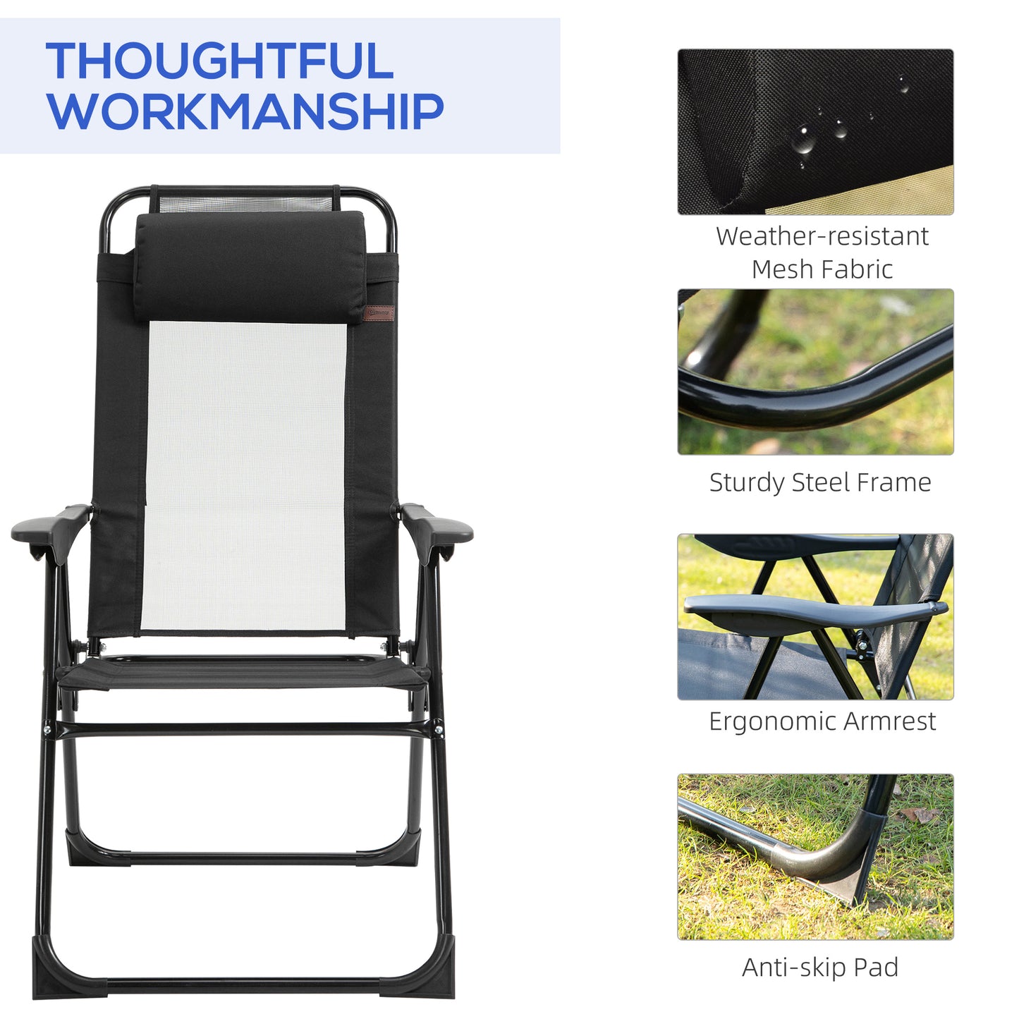 Set of 4 Camping Chairs, Outdoor Folding Lounge Chair Set with 5 Level Adjustable Backrest, Removable Headrest, Armrest for Camping, Backyard, Grey