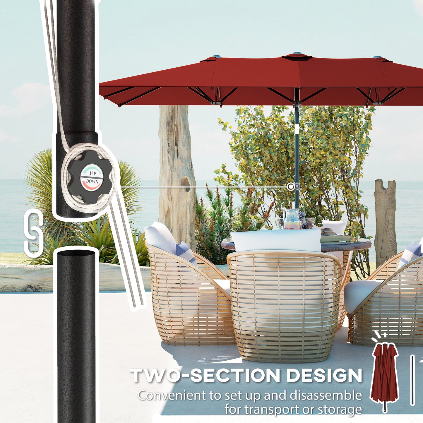 Double-Sided Patio Umbrella Parasol with Tilt, Adjustable Height, Vents and 12 Ribs, for Garden, Deck, Pool, Wine Red