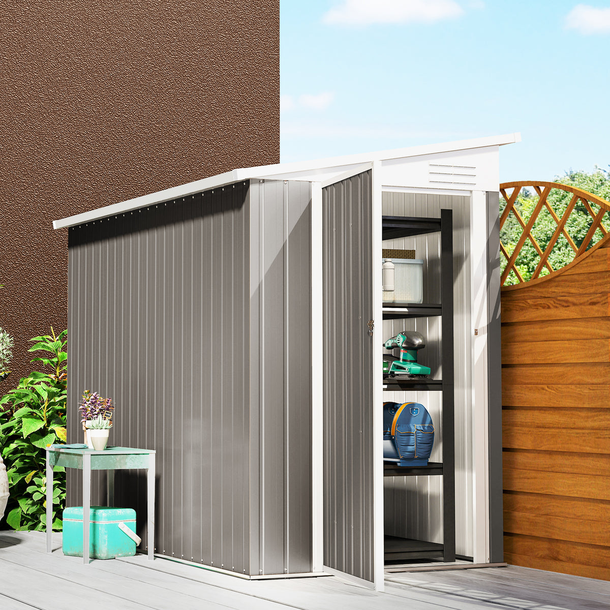 Outdoor Storage Shed Lean to Shed Outdoor Metal Tool Shed with Lockable Door and Air Vents, Dark Grey - 4' x 8'