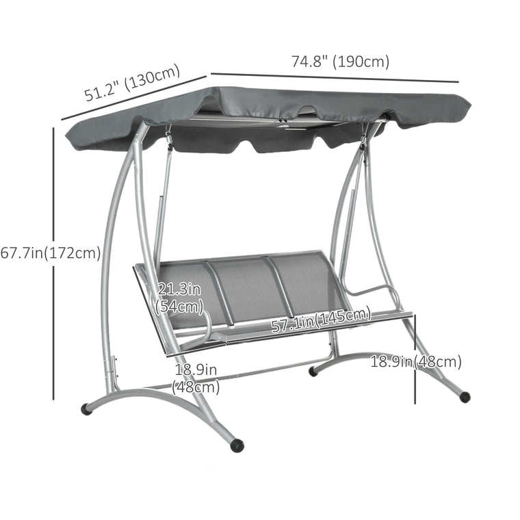 Dark Grey 3-Person Patio Swing with Adjustable Canopy