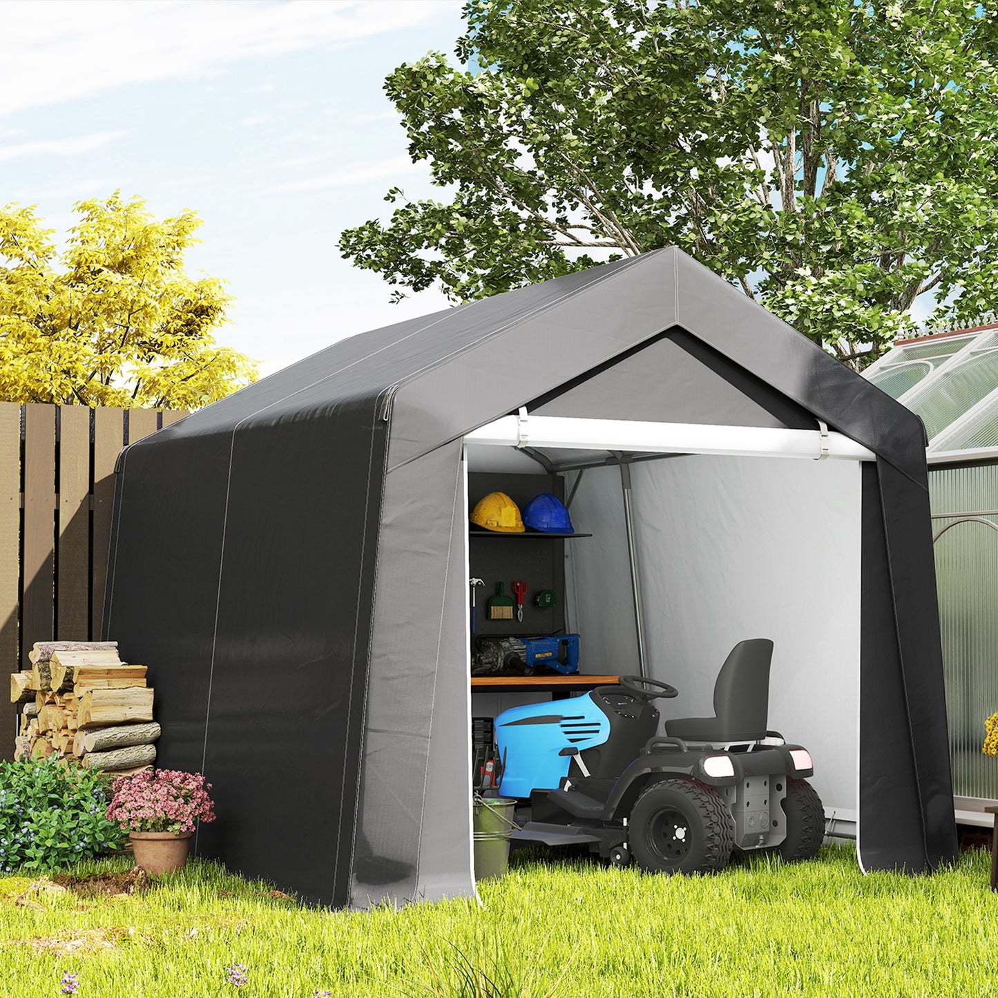 Outdoor Storage Shed Portable Garage with Roll-up Door for Motorcycle, Bike, Garden Tools, Beige