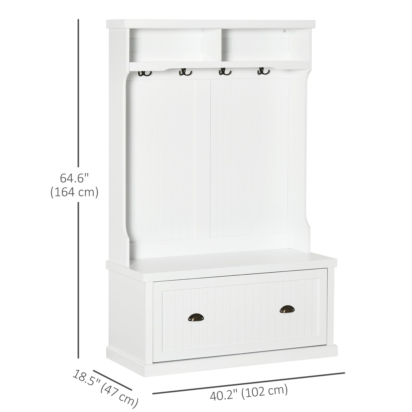 64.5" H Hall Tree with Storage Drawer & Top Shelf, Coat Rack Wooden Entryway Storage Bench Hall Tree Hallway Clothes Bag Coat Rack 4 Hooks, White