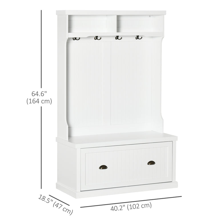 64.5" Hall Tree with Storage Drawer and 4 Hooks - White