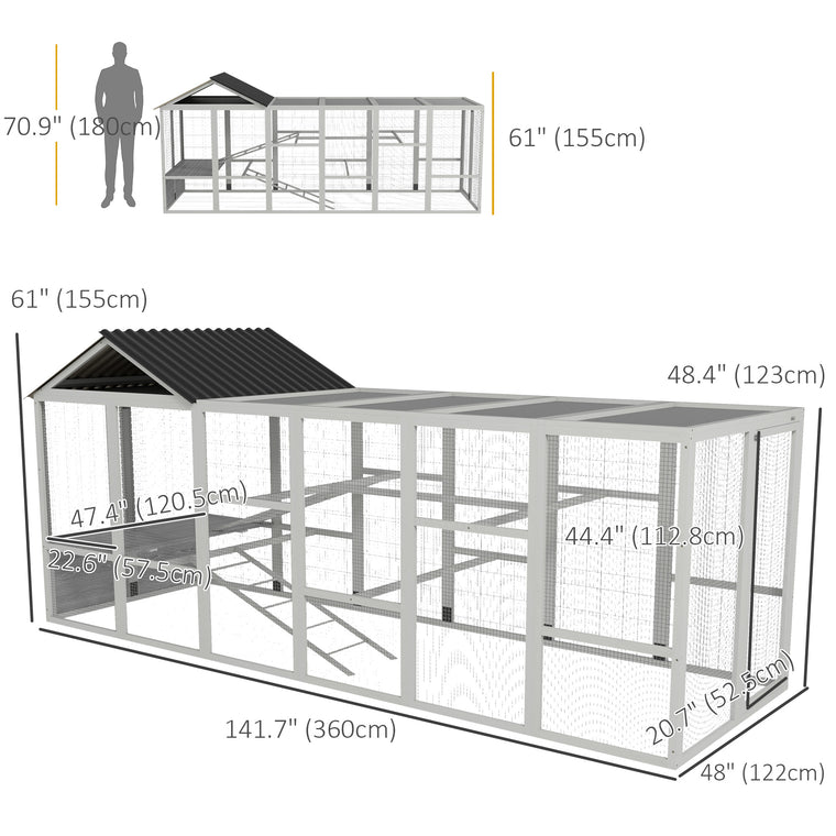 142" Grey Wooden Chicken Coop with Run for 6-10 Chickens