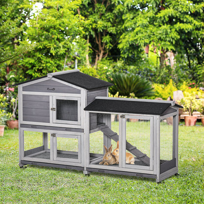 62" Light Grey Wooden Rabbit Hutch with Wheels & Run Box