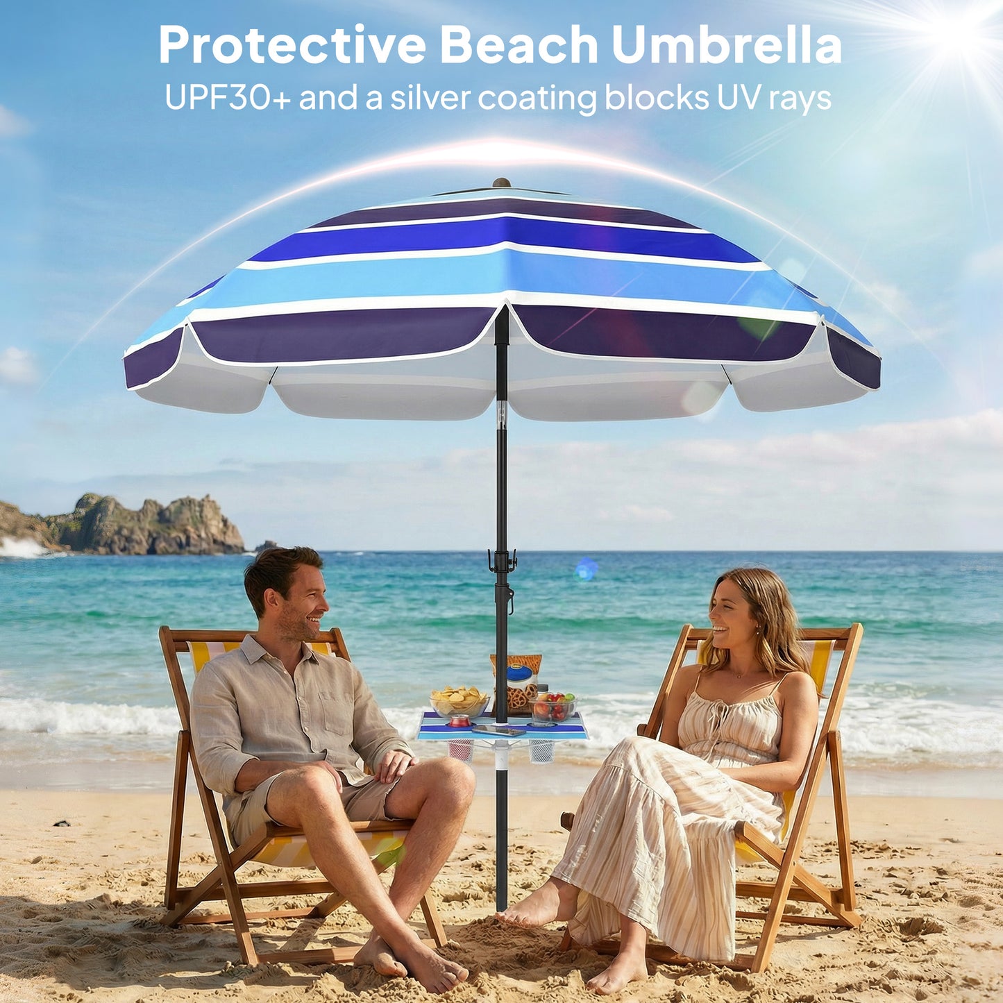 Beach Umbrella Adjustable Tilt Sunshade with Foldable Table Cup Holder 78" Multicolor