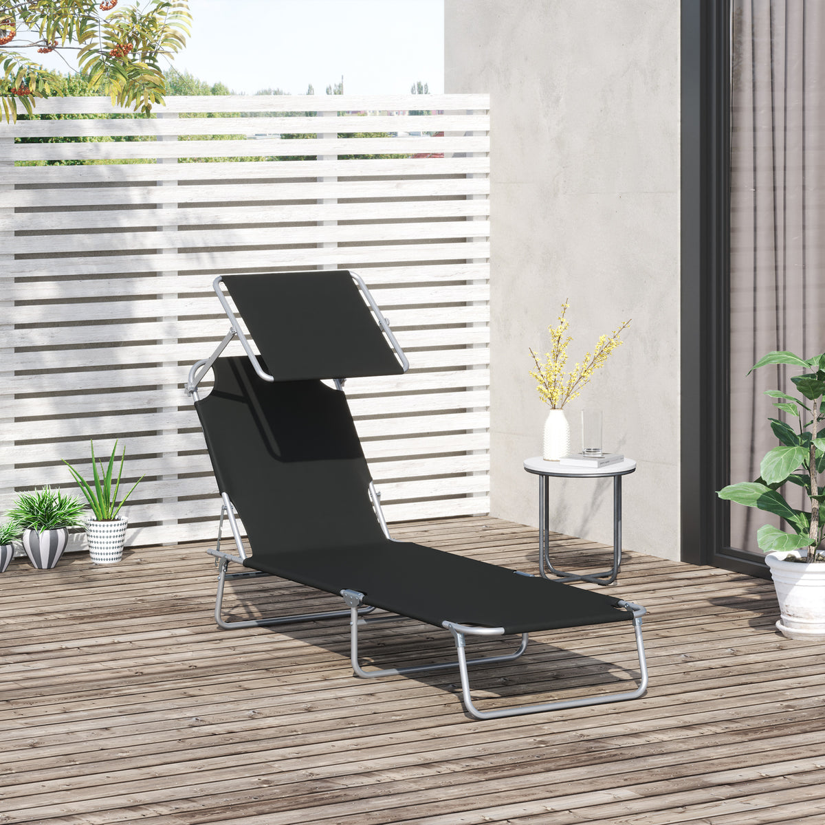 Outdoor Lounge Chair, Adjustable Folding Chaise Lounge, Tanning Chair with Sun Shade for Beach, Camping, Hiking, Backyard, Light Grey - Black