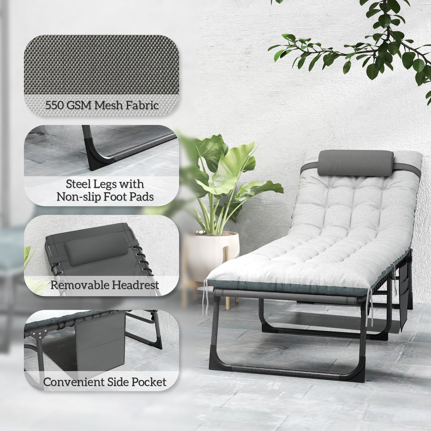 Outdoor Lounge Chair Set of 2, Folding Chaise Lounge Tanning Chair with Cushion, Side Pocket, Grey