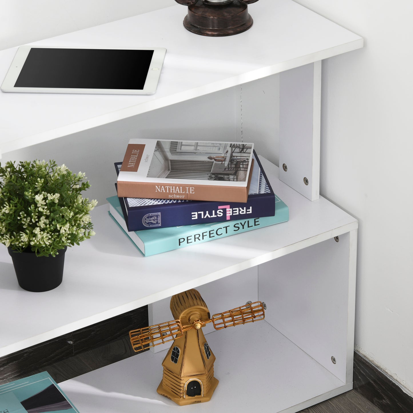 47" L Shaped Desk, 360° Rotating Corner Desk, Reversible Computer Writing Table Workstation with Storage Shelf for Home Office, White
