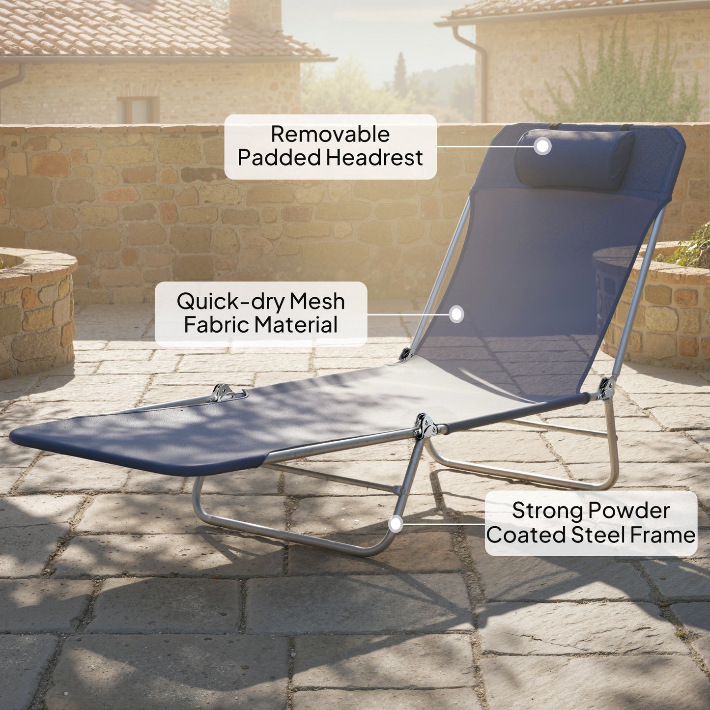 Outdoor Lounge Chair, Portable Reclining Seat, Folding Chaise Lounge, Tanning Chair Bed with Pillow, Pink