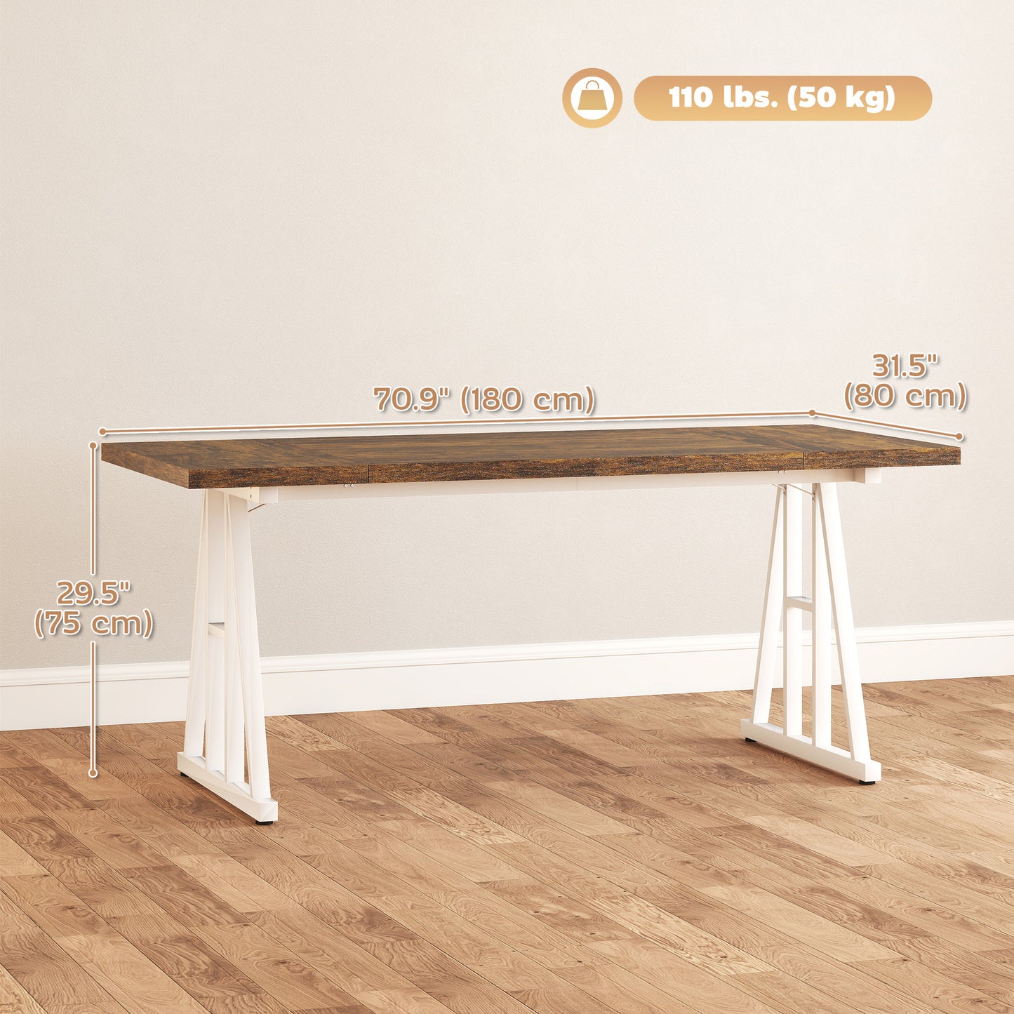 Farmhouse Kitchen Table for 8, Rectangular Dining Table with Thick Tabletop and Steel Trestle Legs, Brown and White