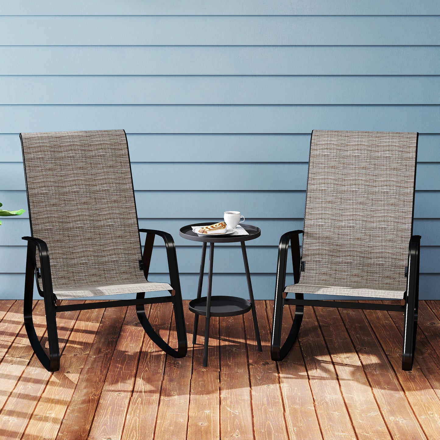 Set of 2 Patio Rocking Chairs, Outdoor Rocking Chairs with High Backrest, Armrests for Backyard, Garden, Light Brown