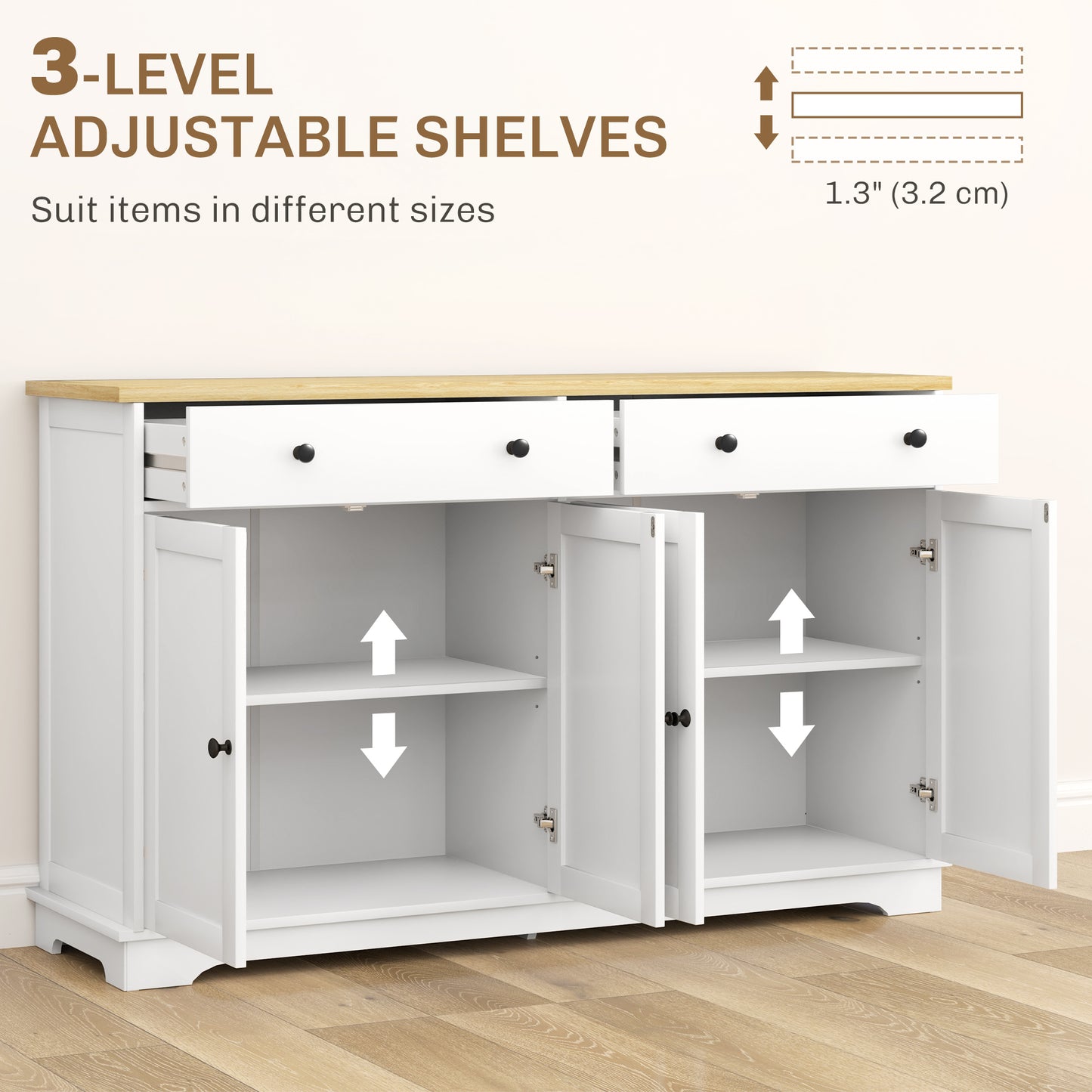 Modern Sideboard, Buffet Cabinet with Storage Drawers, Adjustable Shelves for Living Room, Dining Room, Entryway, White