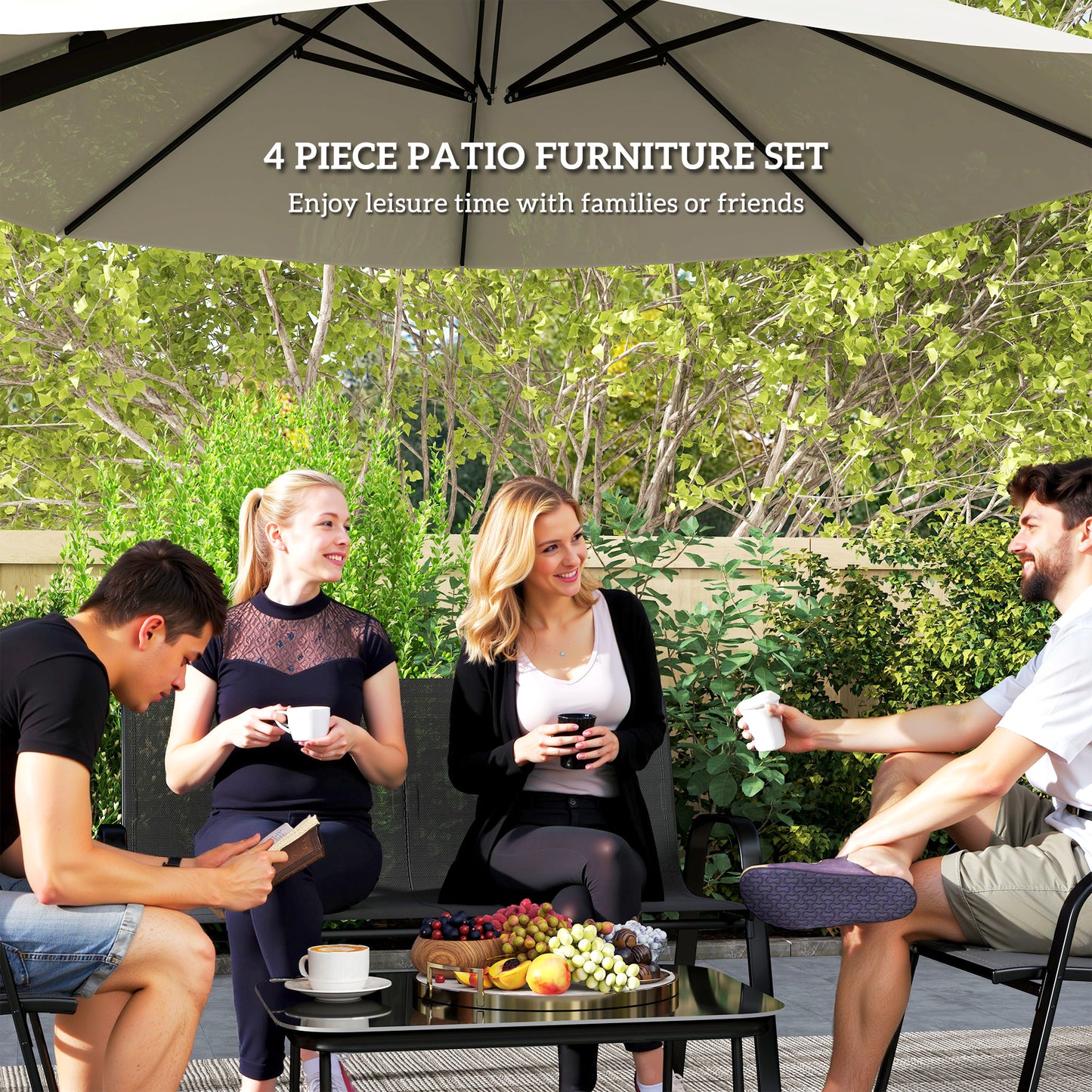 4 Pieces Outdoor Furniture Set with 2 Stackable Chairs, Loveseat, Patio Conversation Set with Glass Coffee Table, Black