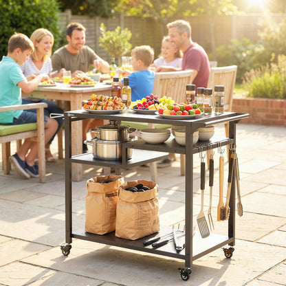 Black 3-Shelf Pizza Oven Stand with Hooks & Wheels