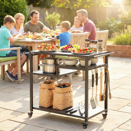 Outdoor Grill Cart, BBQ Stand, Three-Shelf Pizza Oven Stand with Hooks, Garbage Bag Holder, Wheels, Black