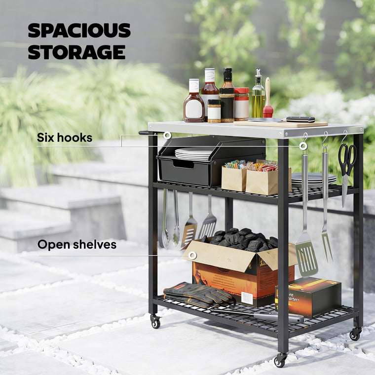 Black 2-Shelf Pizza Oven Stand with Stainless Steel Top
