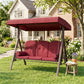 Outdoor Patio 3-Person Steel Canopy Cushioned Seat Bench Swing with Included Side Trays & Padded Comfort, Wine Red