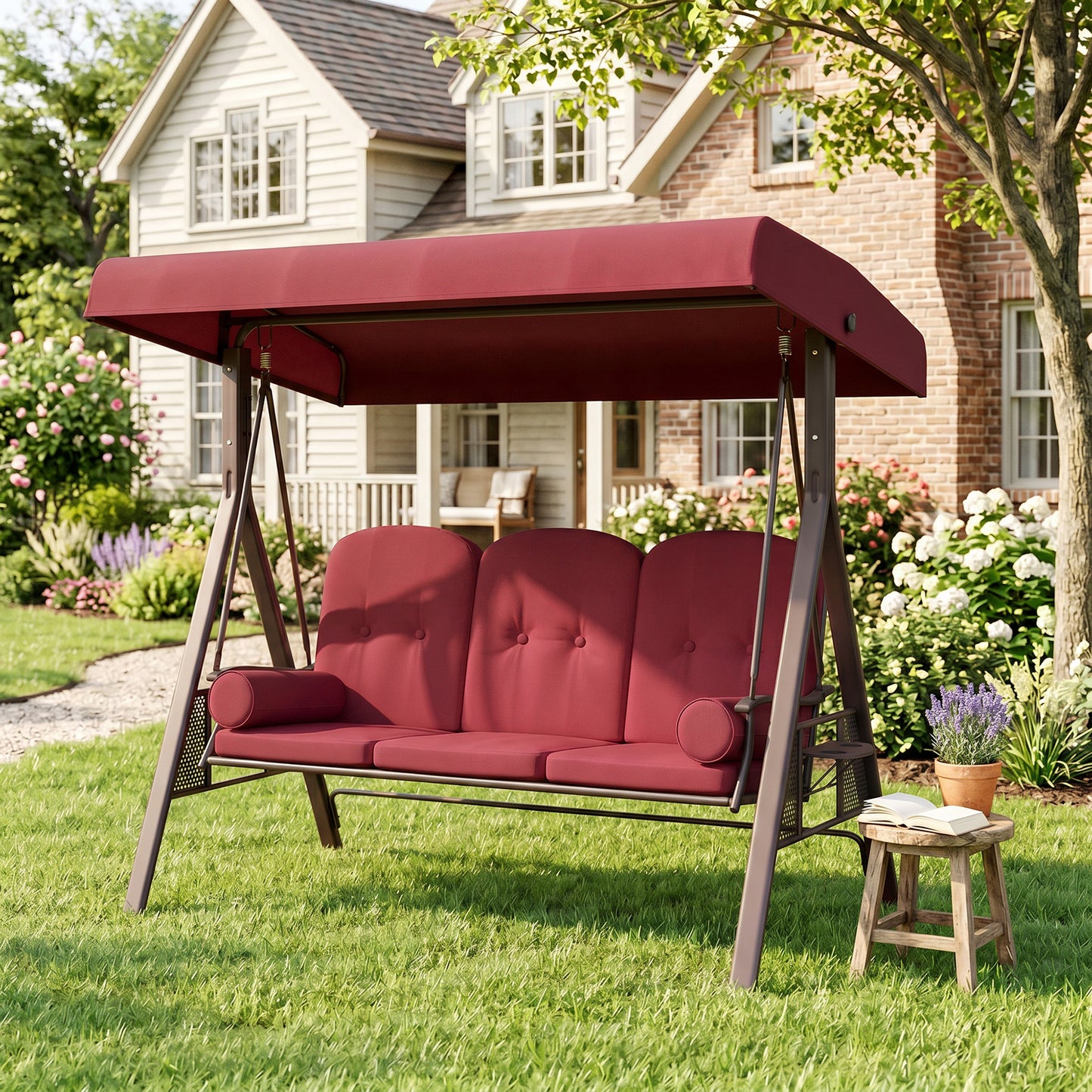 Outdoor Patio 3-Person Steel Canopy Cushioned Seat Bench Swing with Included Side Trays & Padded Comfort, Wine Red