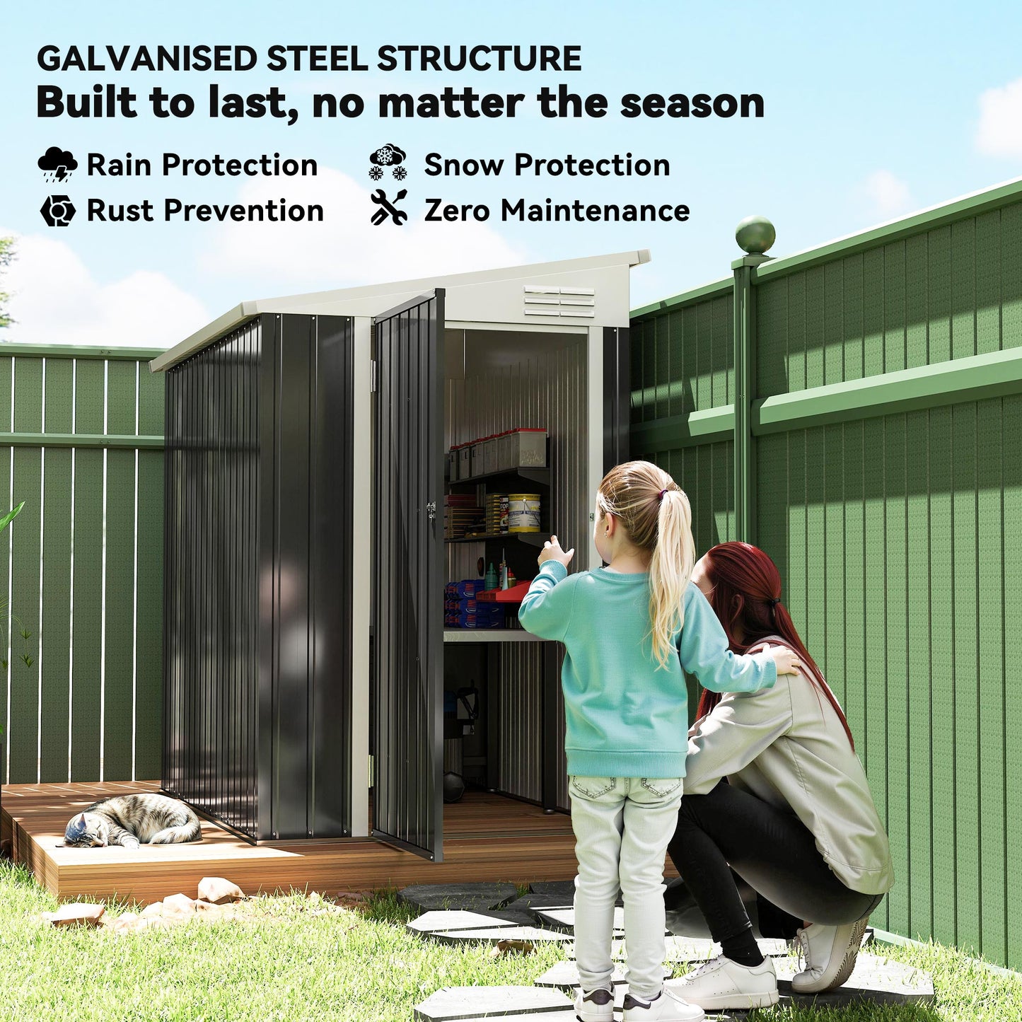 Outdoor Storage Shed Lean to Shed Outdoor Metal Tool Shed with Lockable Door and Air Vents, Dark Grey