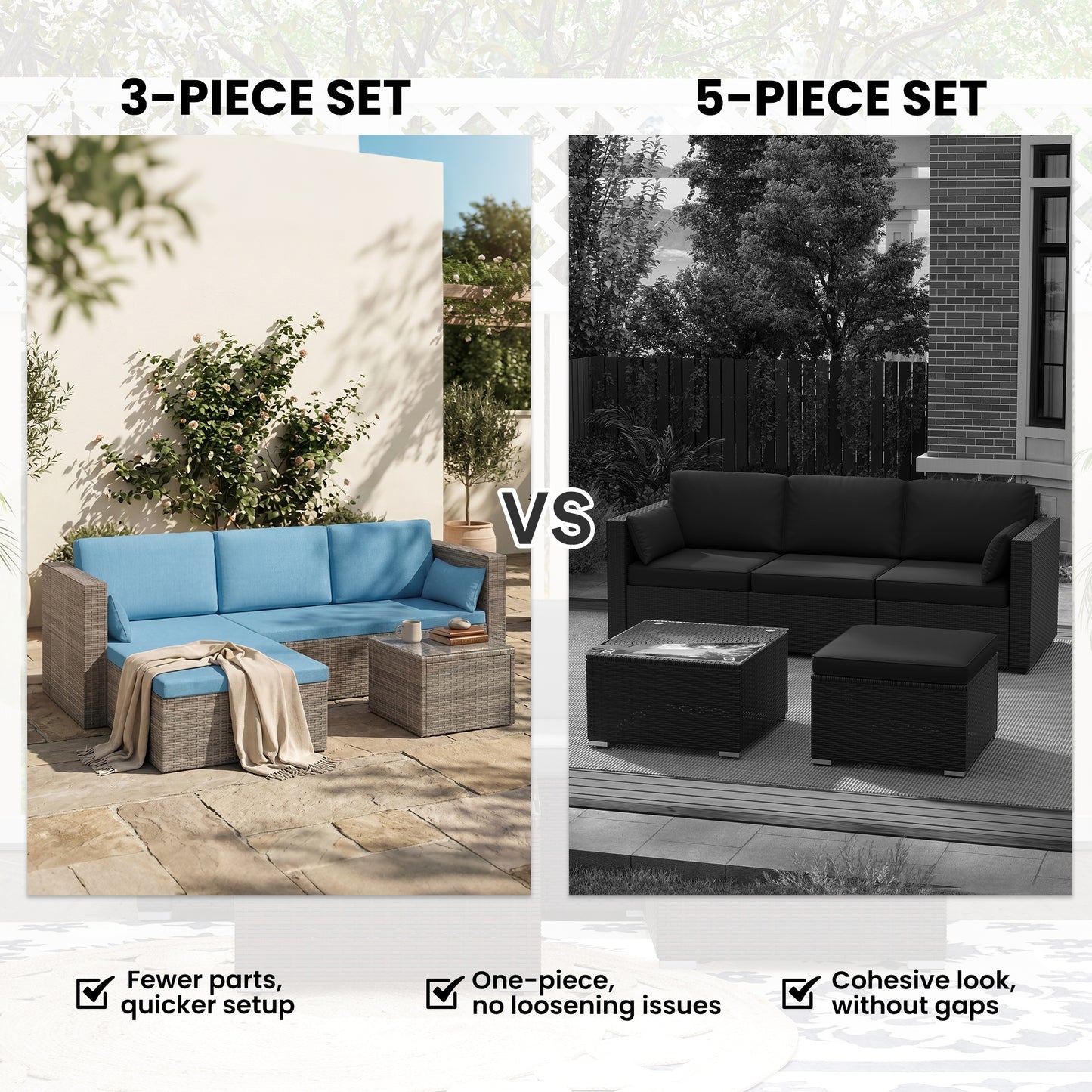 3-Piece Patio Furniture Set Modern Sectional Sofa Rattan Chair Wicker Conversation Set Outdoor Hand Woven Rattan Wicker Furniture Patio Coffee Table Sofa Set, Blue