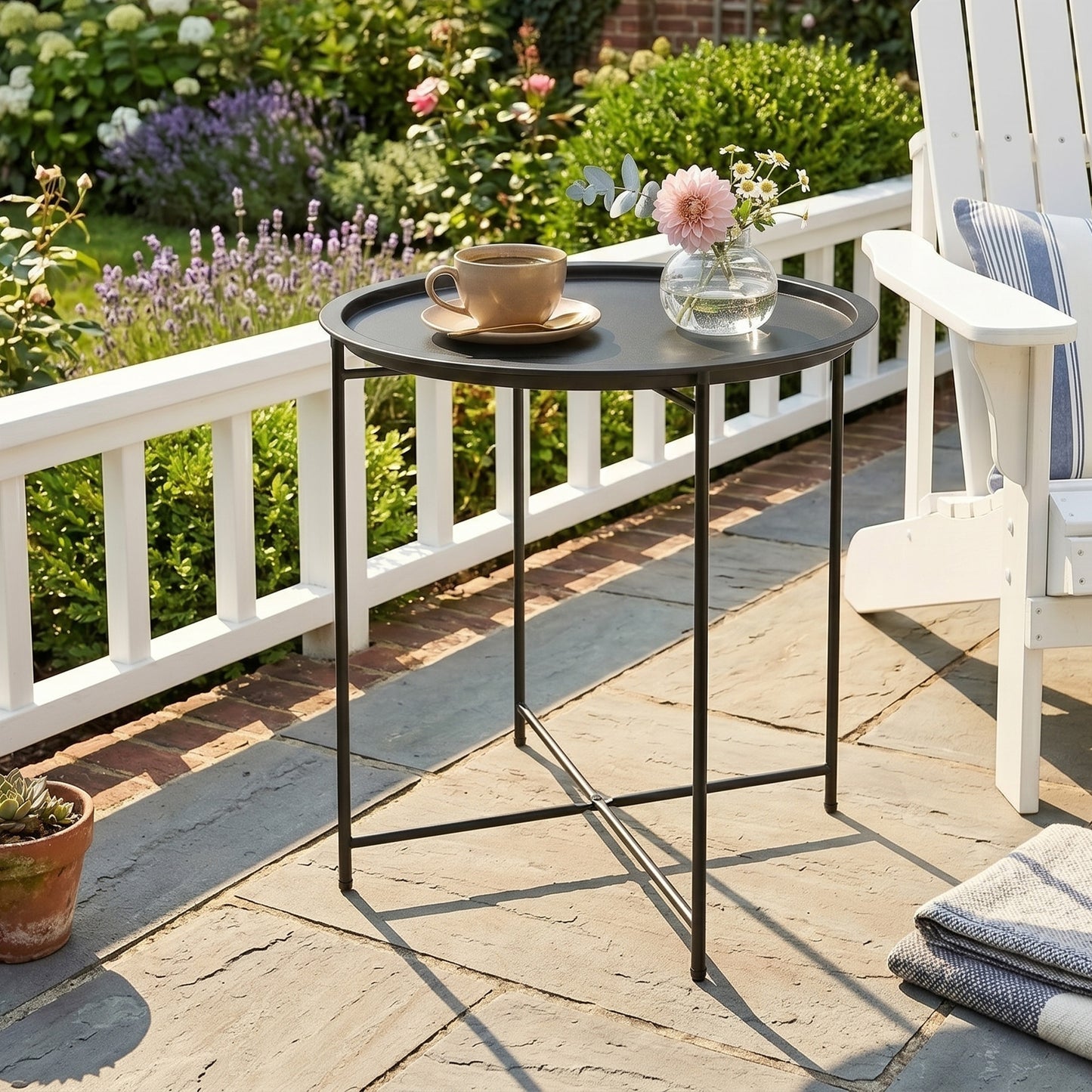 18" Outdoor Side Table with Removable Tray and Folding Legs, Indoor Outdoor for Balcony, Porch, Black